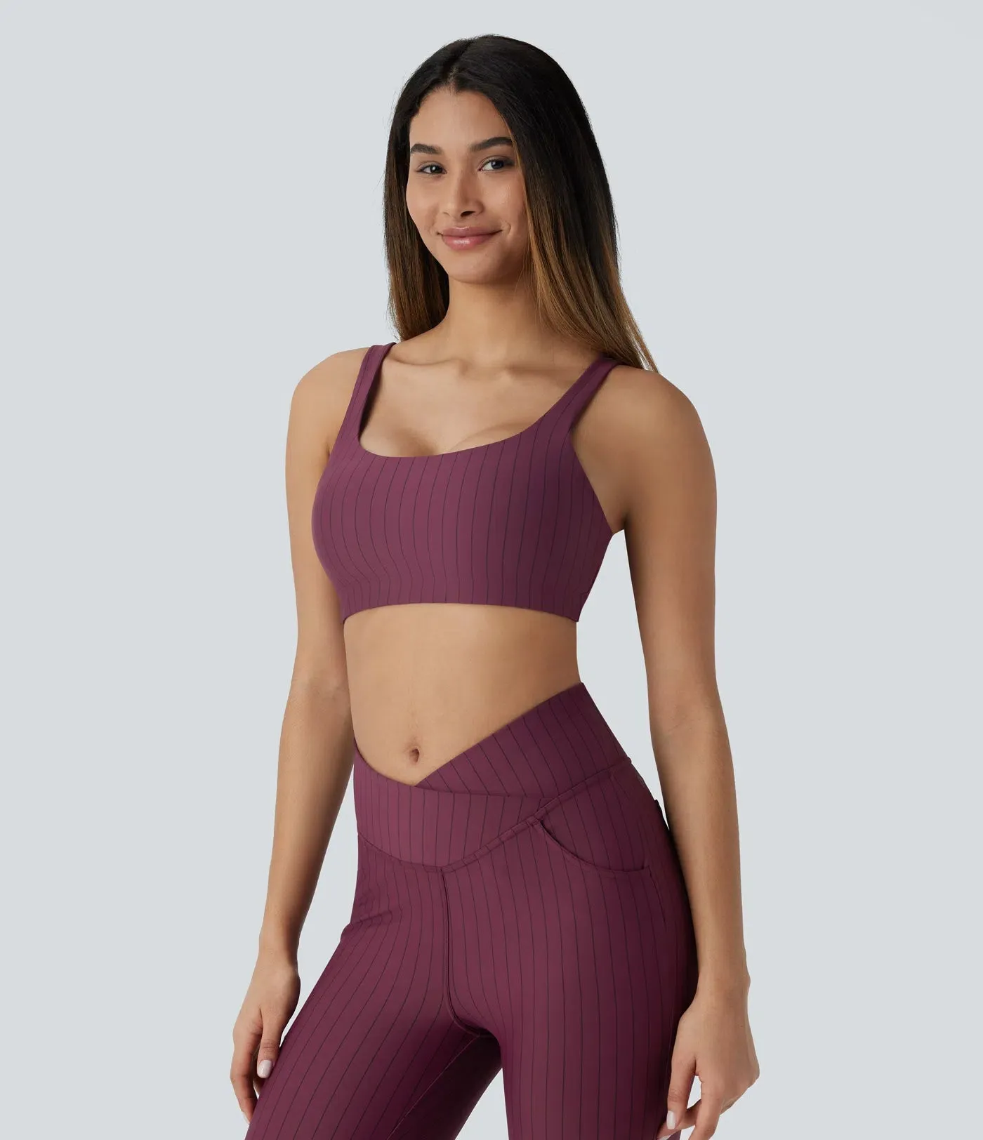 U-Neck Backless Striped Yoga Sports Bra | Low Support & Breathable