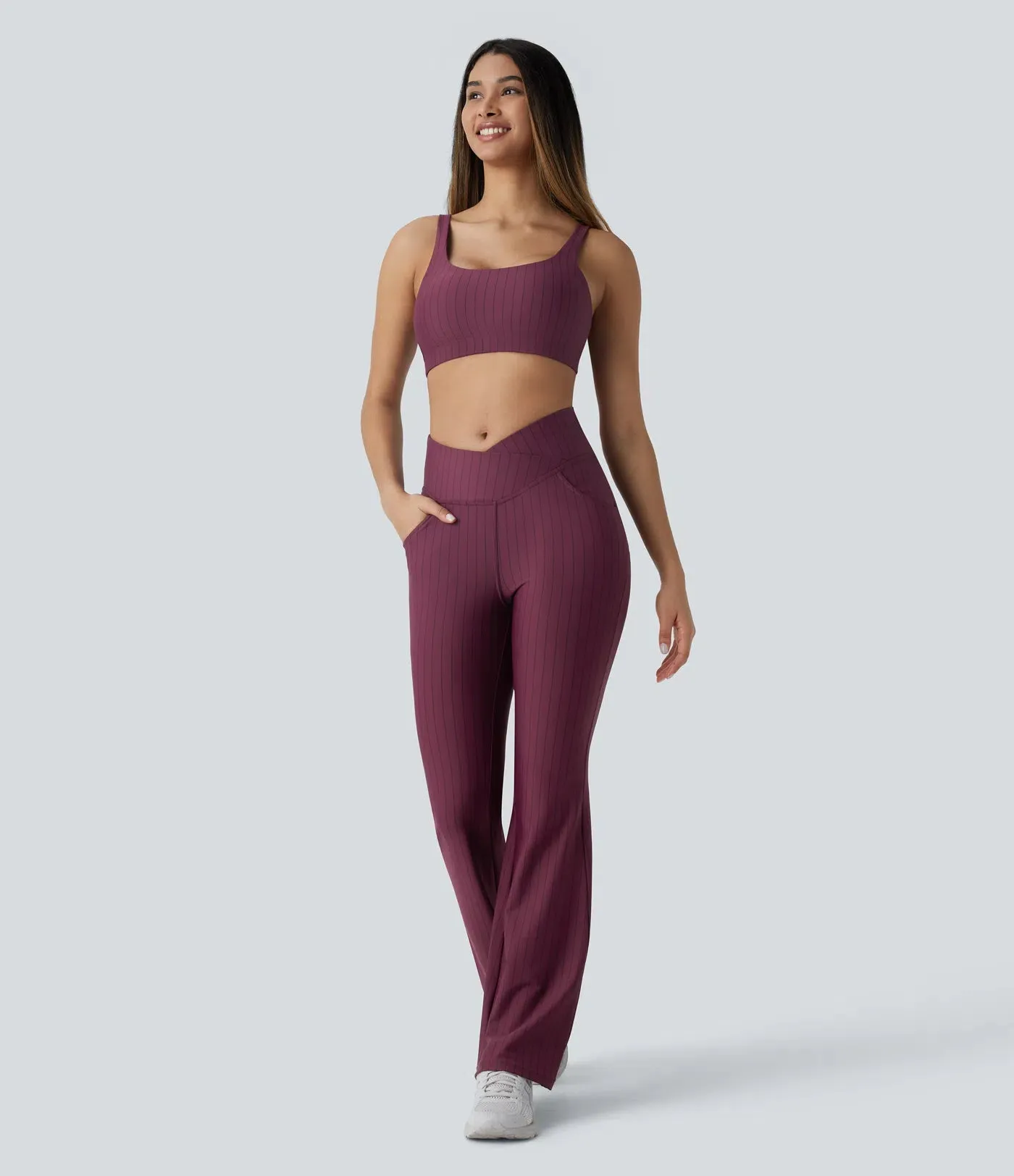 U-Neck Backless Striped Yoga Sports Bra | Low Support & Breathable