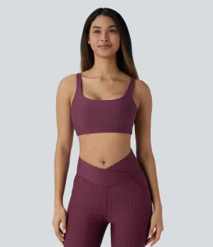 U-Neck Backless Striped Yoga Sports Bra | Low Support & Breathable