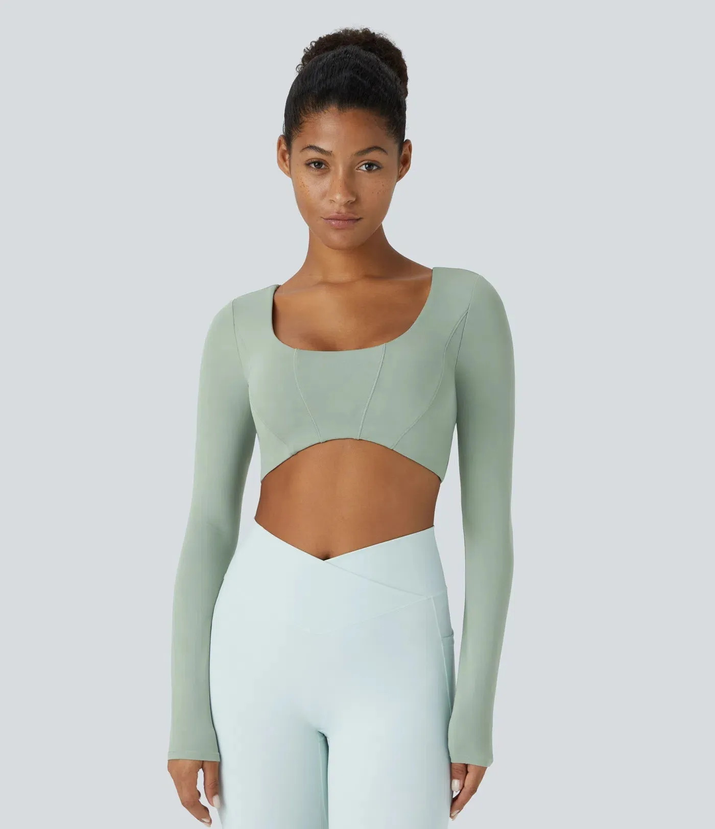 U-Neck Long Sleeve Cropped Yoga Top | UPF 50  Protection