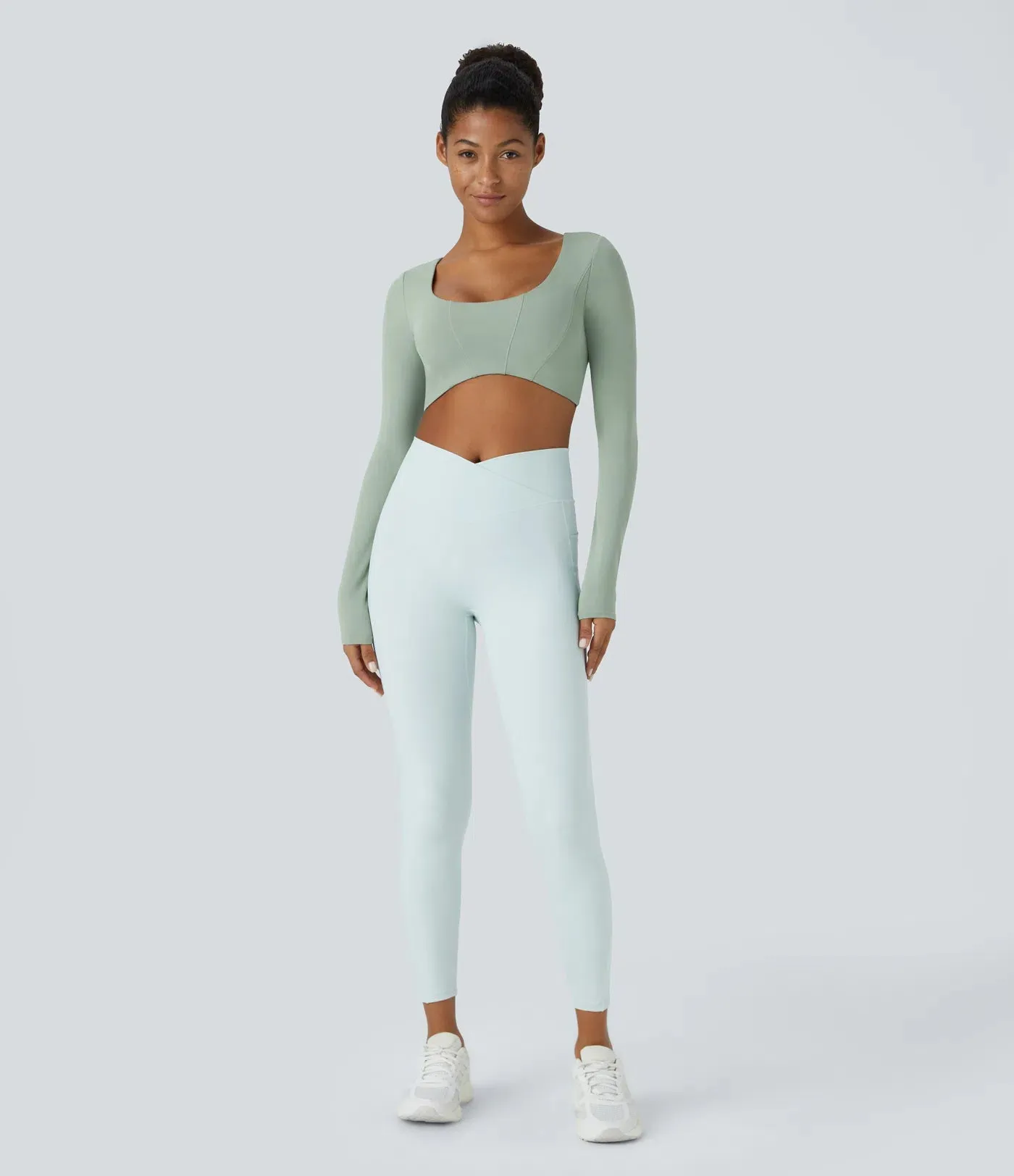 U-Neck Long Sleeve Cropped Yoga Top | UPF 50  Protection