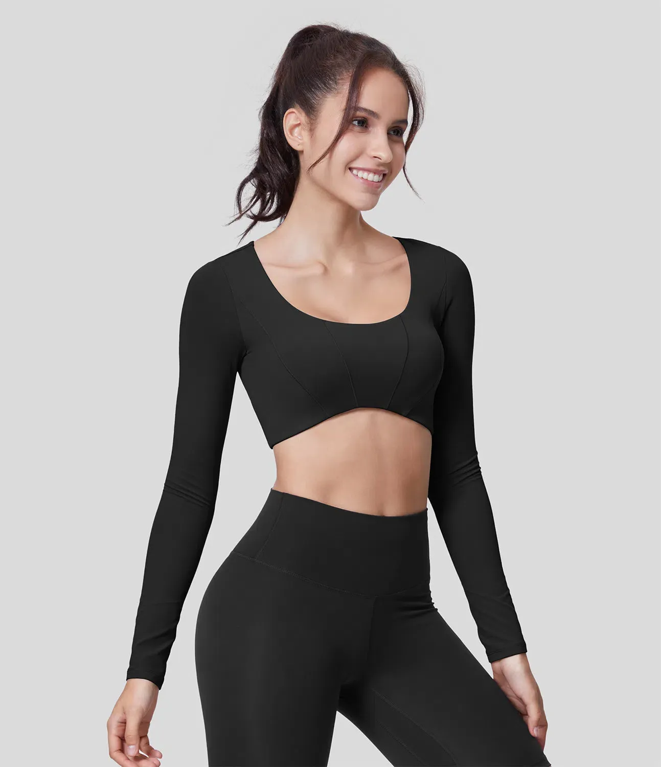 U-Neck Long Sleeve Cropped Yoga Top | UPF 50  Protection