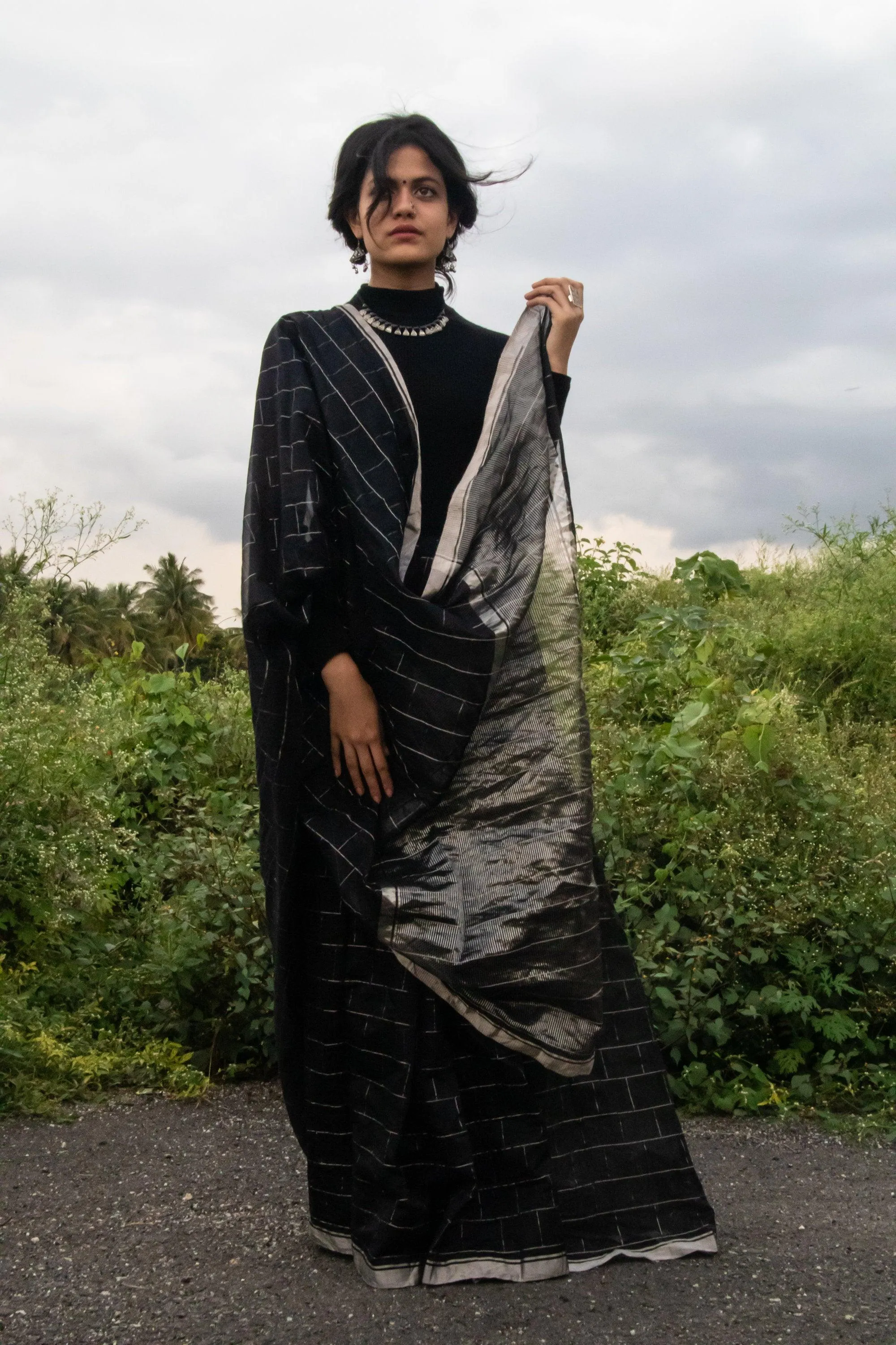 Utsav Silver Zari Black Chanderi saree