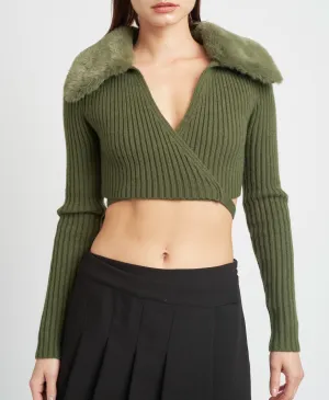 V Neck Cropped Cardigan Fur Collar