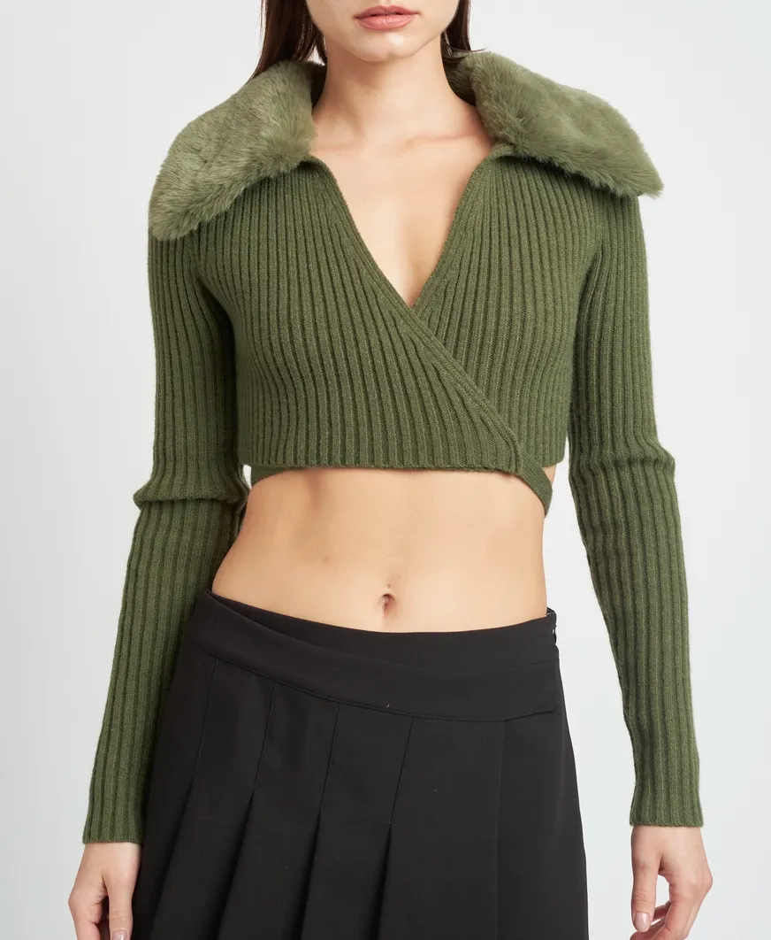 V Neck Cropped Cardigan Fur Collar
