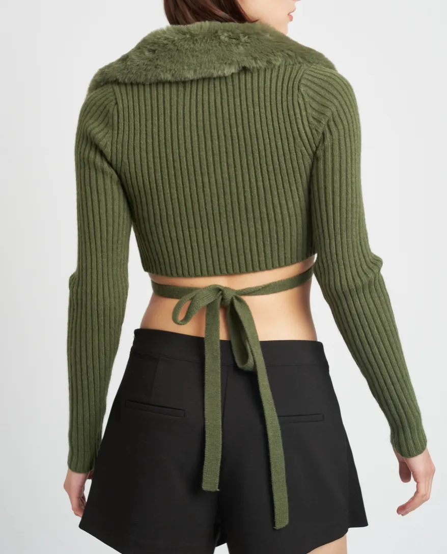 V Neck Cropped Cardigan Fur Collar