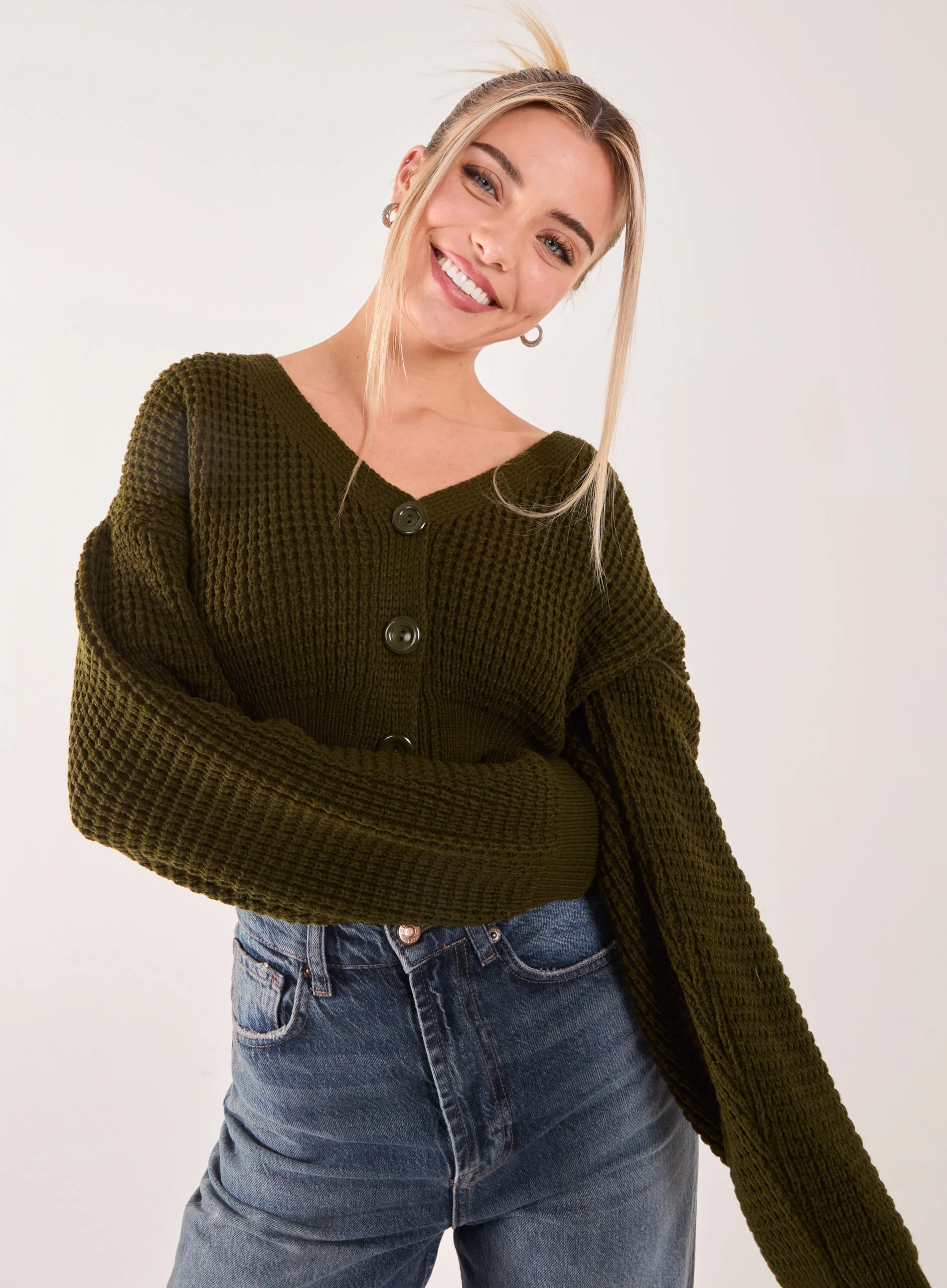 V Neck Cropped Knitted Cardigan