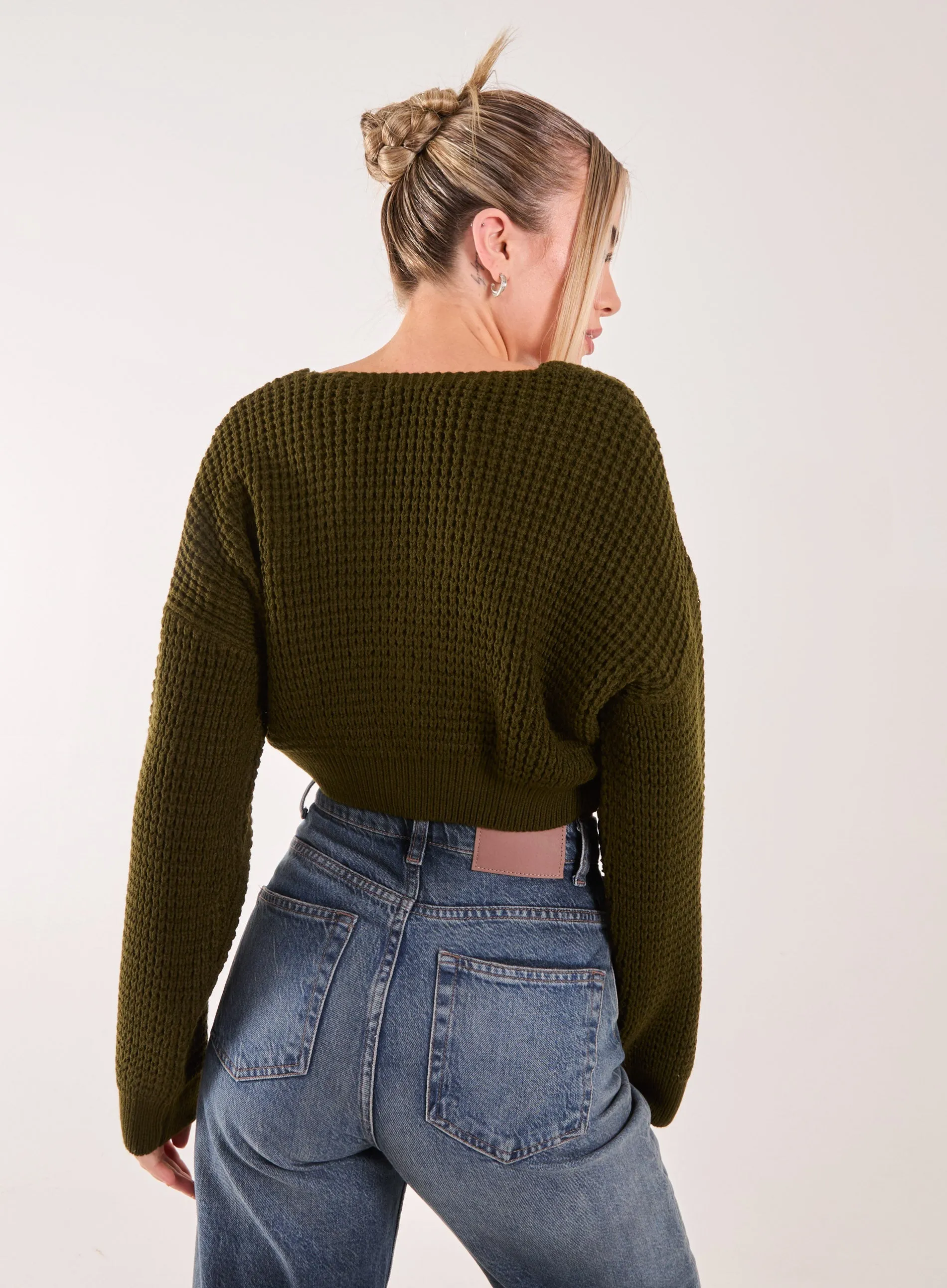 V Neck Cropped Knitted Cardigan