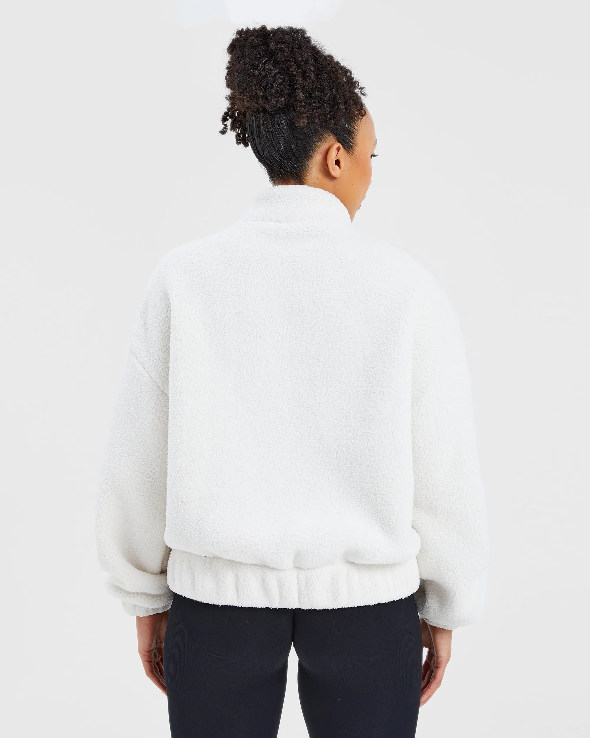 Varsity Oversized Fleece Zip Up Jacket - Cream