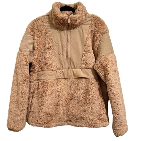 VICTORIA’S SECRET PINK FLEECE TEDDY HALF ZIP OVERSIZED PULLOVER SWEATER NWT TAN