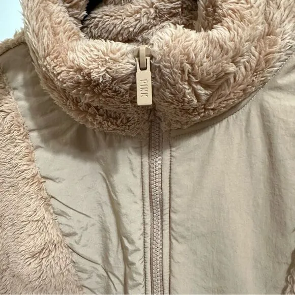 VICTORIA’S SECRET PINK FLEECE TEDDY HALF ZIP OVERSIZED PULLOVER SWEATER NWT TAN