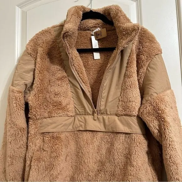 VICTORIA’S SECRET PINK FLEECE TEDDY HALF ZIP OVERSIZED PULLOVER SWEATER NWT TAN