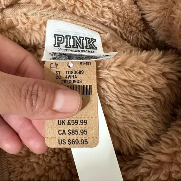 VICTORIA’S SECRET PINK FLEECE TEDDY HALF ZIP OVERSIZED PULLOVER SWEATER NWT TAN