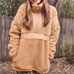 VICTORIA’S SECRET PINK FLEECE TEDDY HALF ZIP OVERSIZED PULLOVER SWEATER NWT TAN