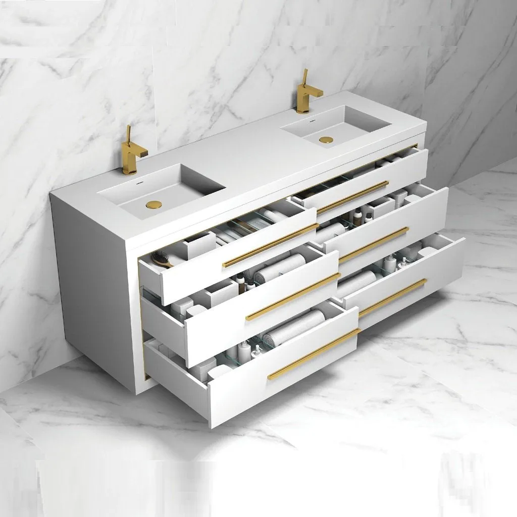 Villa 6 Drawers Bathroom Vanity with Solid Surface Sink - Wall Mount - 72" Wood/White/Satin Brass