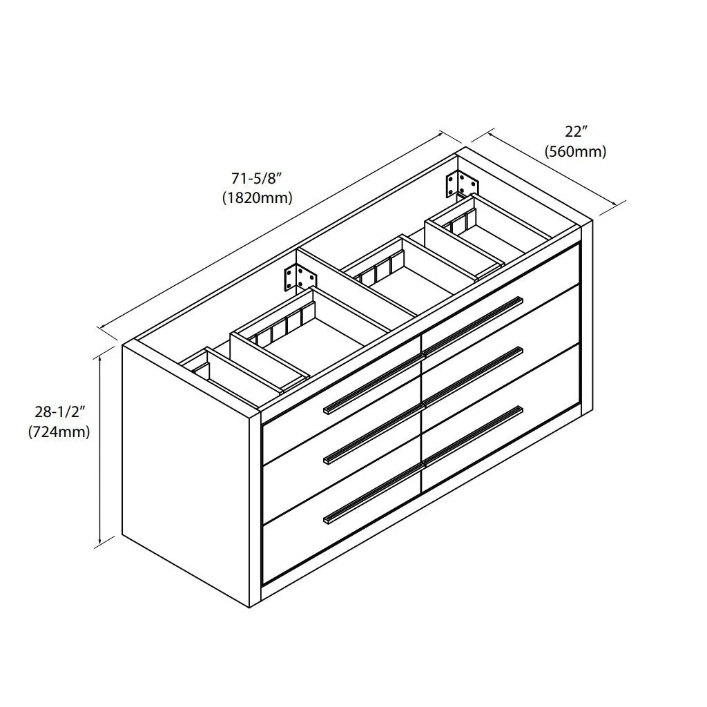 Villa 6 Drawers Bathroom Vanity with Solid Surface Sink - Wall Mount - 72" Wood/White/Satin Brass