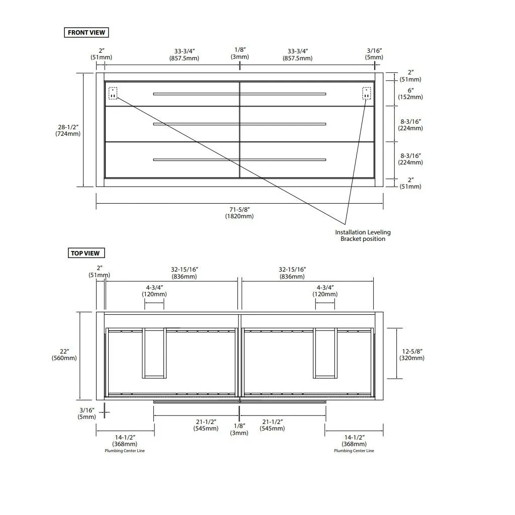 Villa 6 Drawers Bathroom Vanity with Solid Surface Sink - Wall Mount - 72" Wood/White/Satin Brass