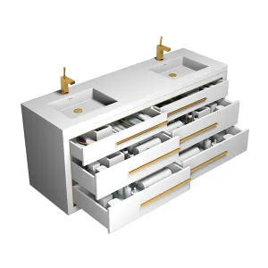 Villa 6 Drawers Bathroom Vanity with Solid Surface Sink - Wall Mount - 72" Wood/White/Satin Brass