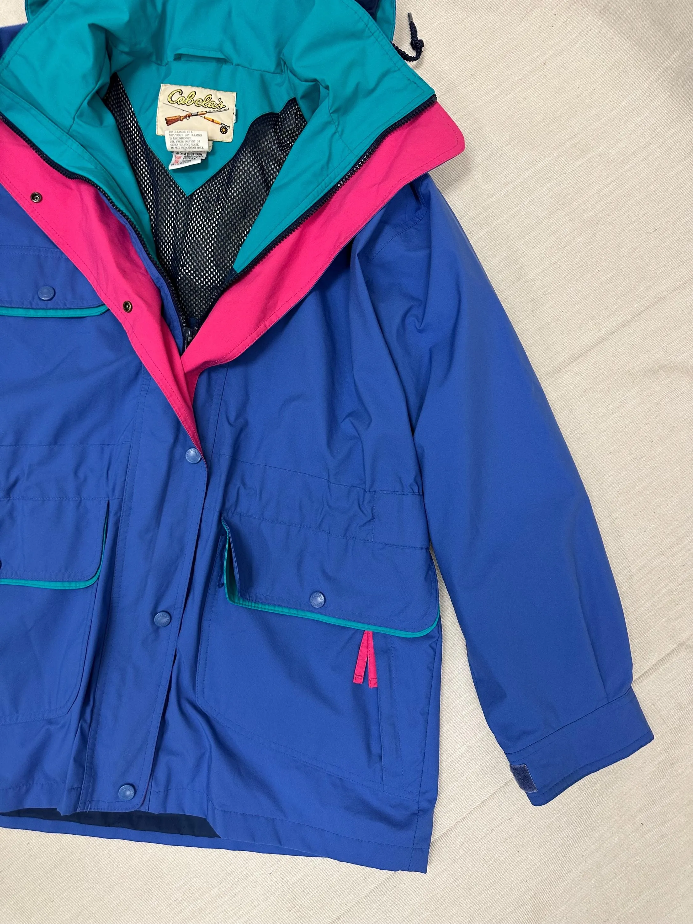 Vintage 90s Cabelas Neon Blue Pink Teal Retro Rain Jacket | Size Large