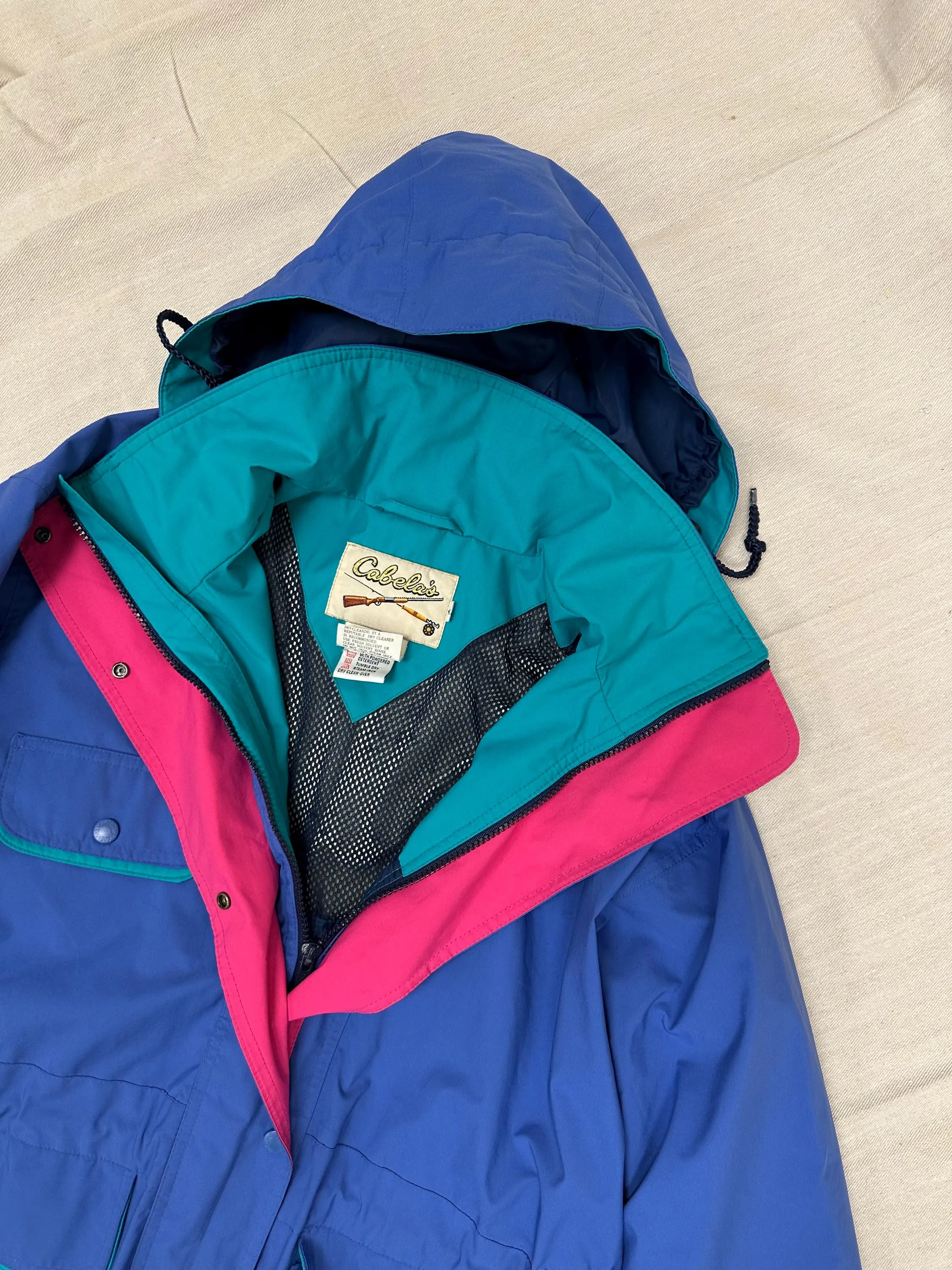 Vintage 90s Cabelas Neon Blue Pink Teal Retro Rain Jacket | Size Large