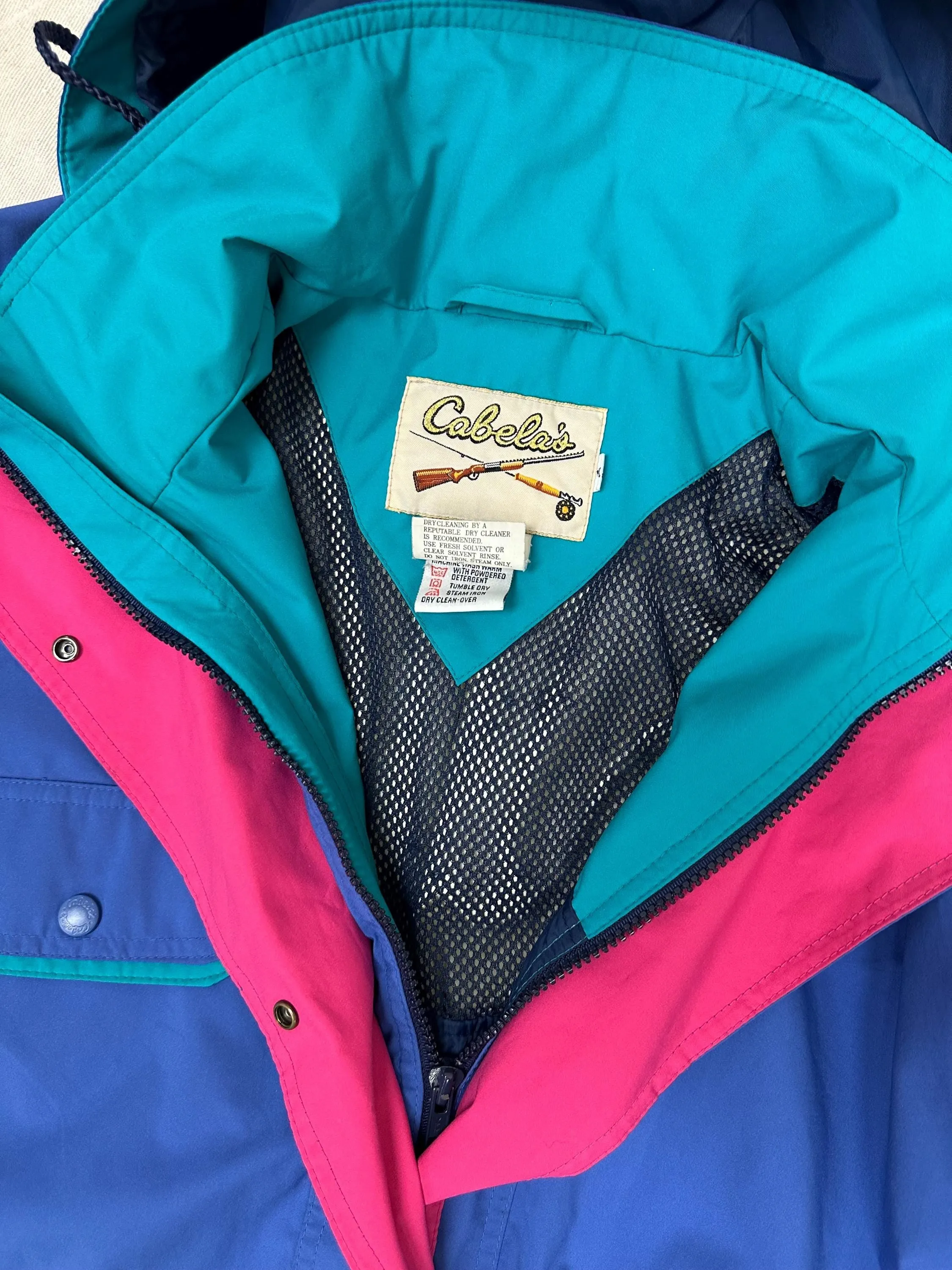 Vintage 90s Cabelas Neon Blue Pink Teal Retro Rain Jacket | Size Large