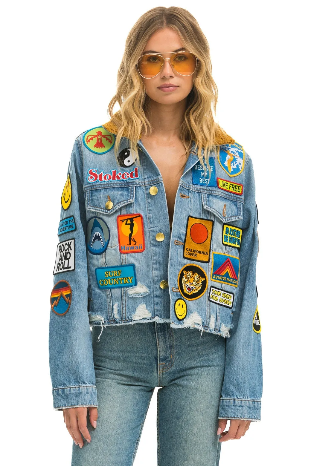 VINTAGE PATCH UNISEX CROP DENIM JACKET - SUPER LIGHT