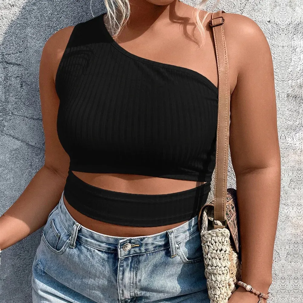 VivaCurve Ribbed One-Shoulder Cutout Crop Top