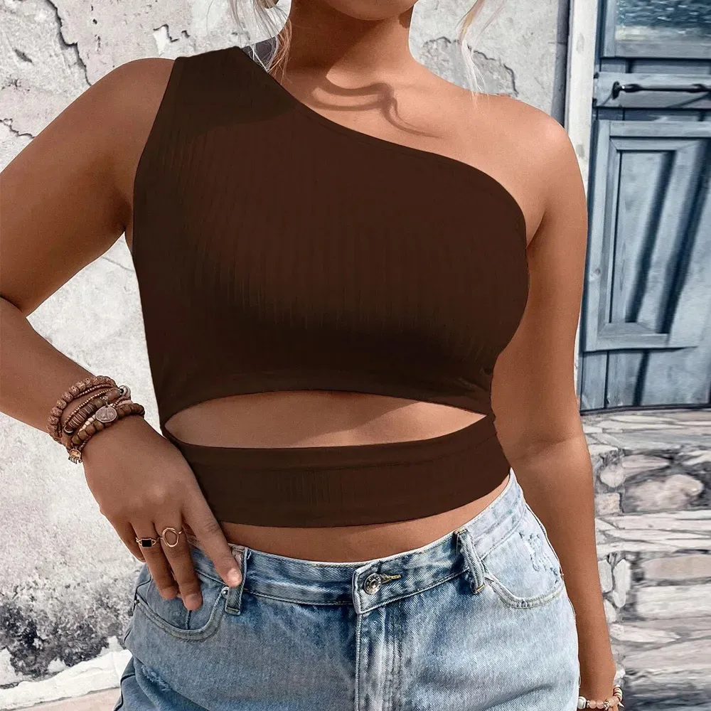 VivaCurve Ribbed One-Shoulder Cutout Crop Top
