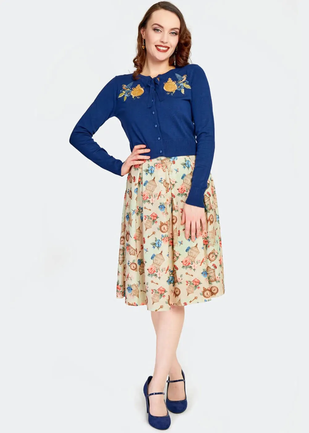 Voodoo Vixen Ticking Clock 50's Cardigan Blue