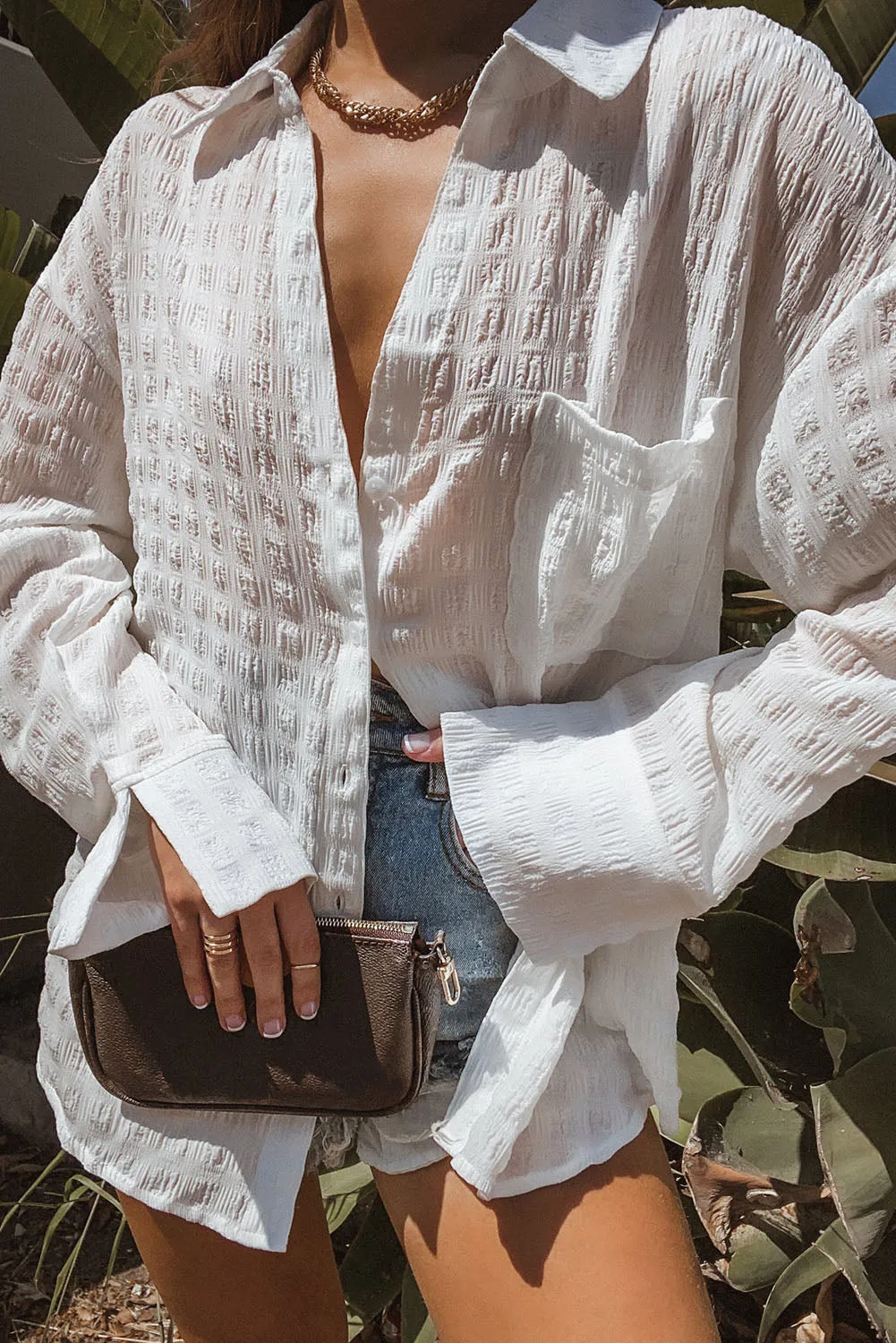 White Crinkled Plaid Textured Shirt