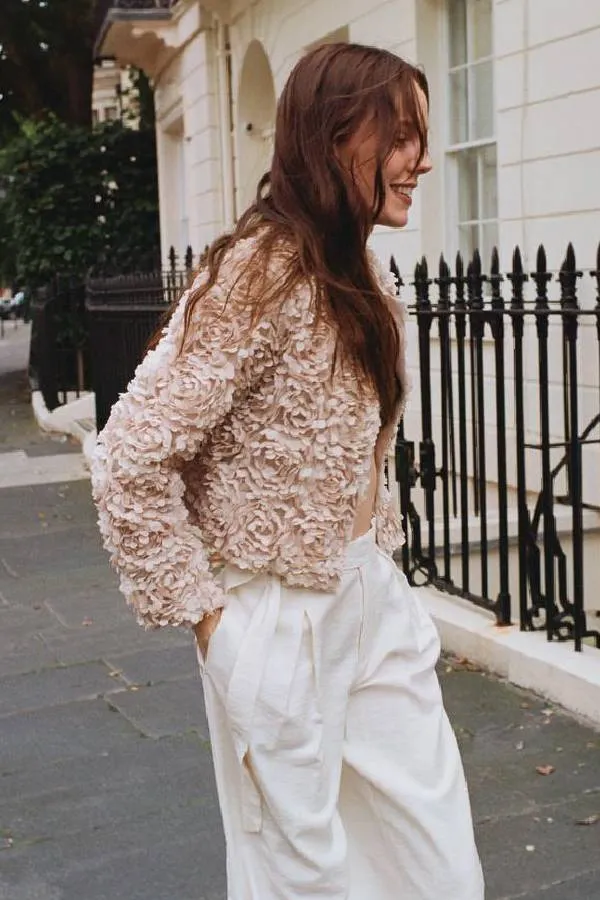 White Floral Textured Cropped Jacket