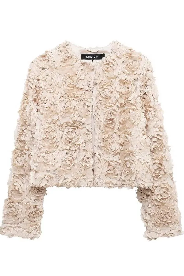 White Floral Textured Cropped Jacket