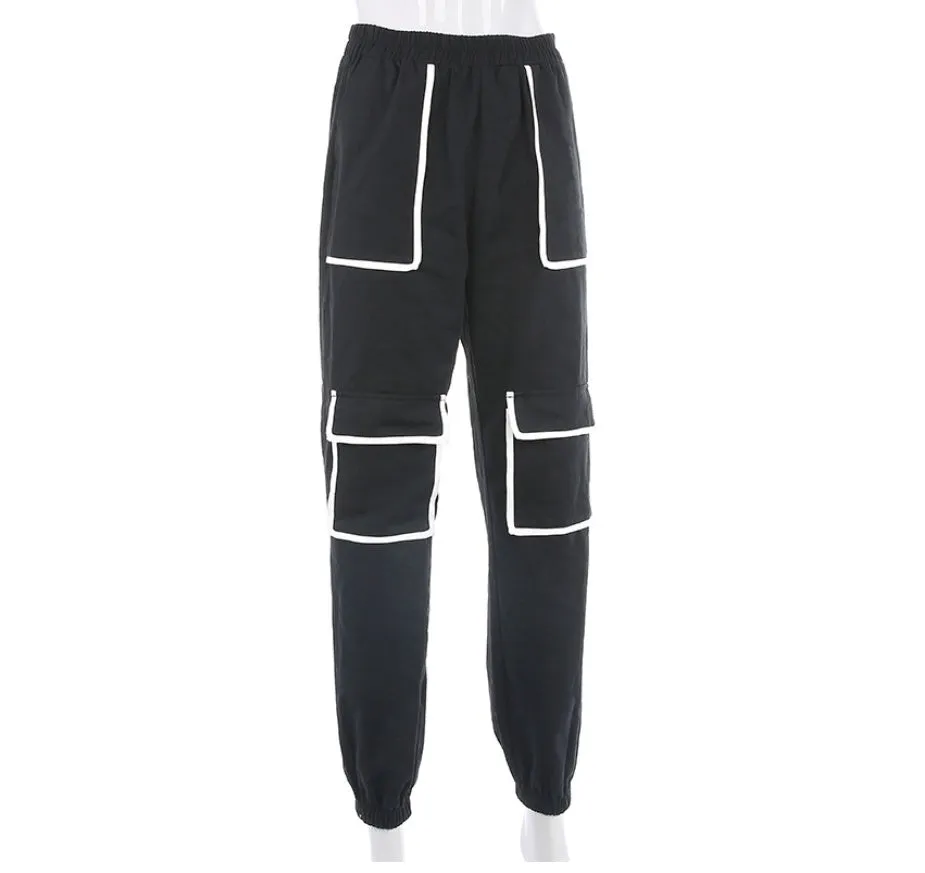 White Stripe Cargo Pants Women Trousers Pockets Patchwork Contrast Color High Waist Pants Hip Hop Capris