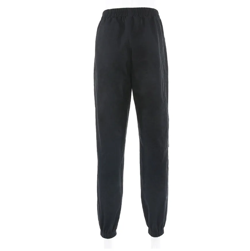 White Stripe Cargo Pants Women Trousers Pockets Patchwork Contrast Color High Waist Pants Hip Hop Capris