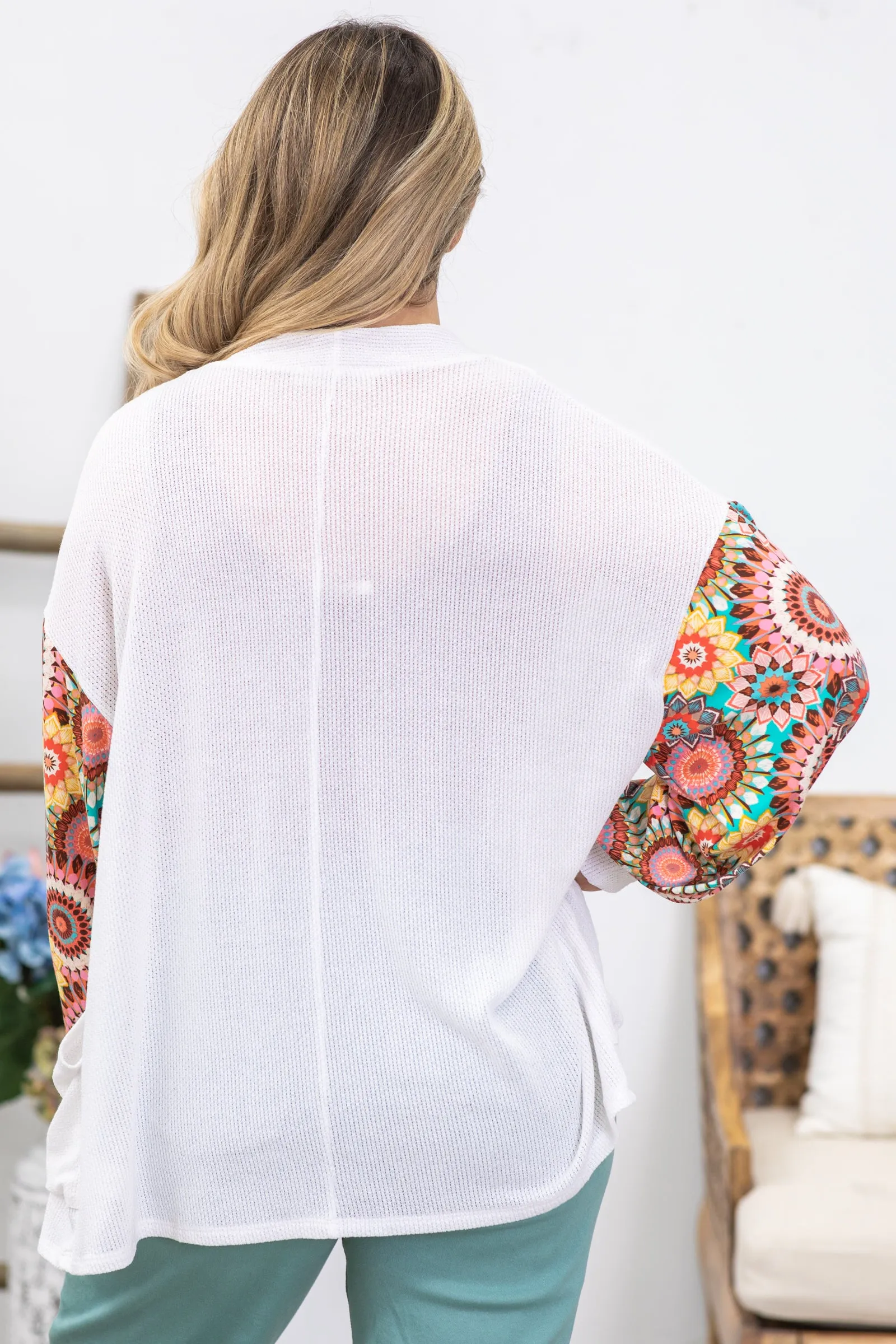 White Two Tone Abstract Drop Shoulder Cardigan