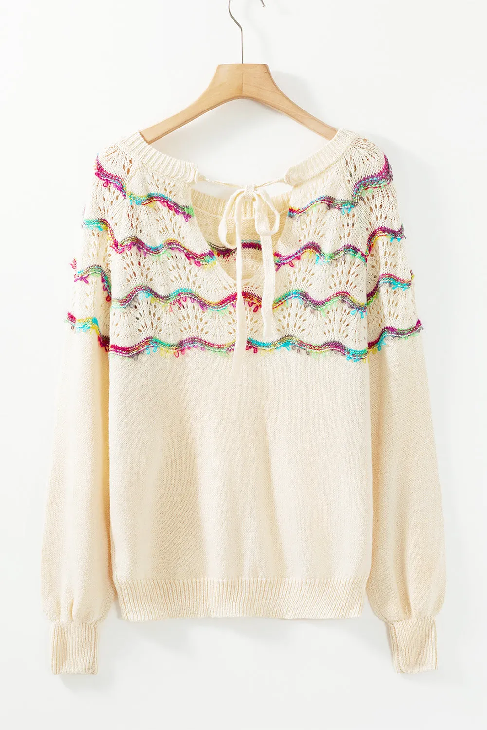 White Wavy Striped Pointelle Bishop Sleeve Sweater