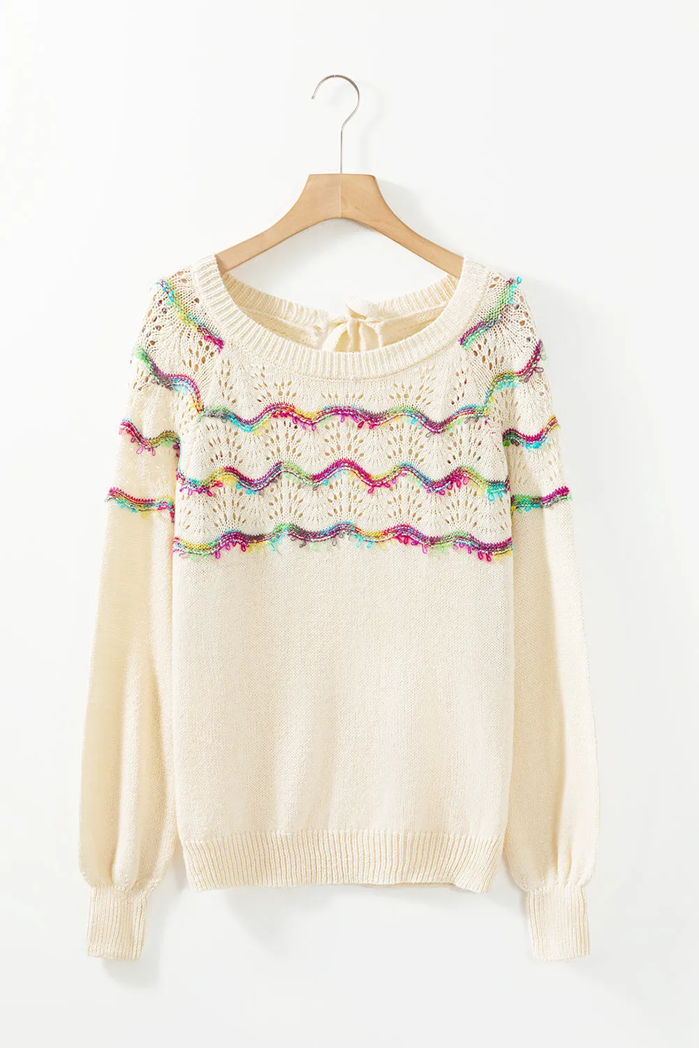 White Wavy Striped Pointelle Bishop Sleeve Sweater