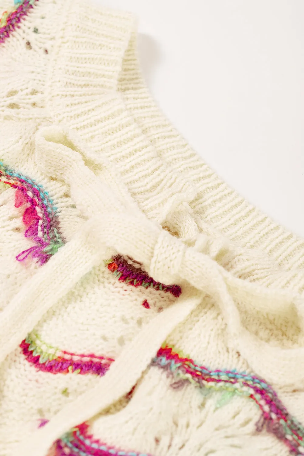 White Wavy Striped Pointelle Bishop Sleeve Sweater