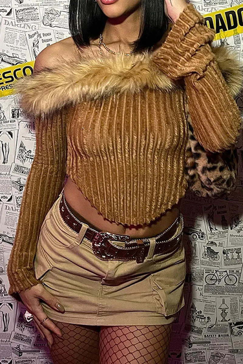 WI0281 Furry Off Shoulder Crop Shirt