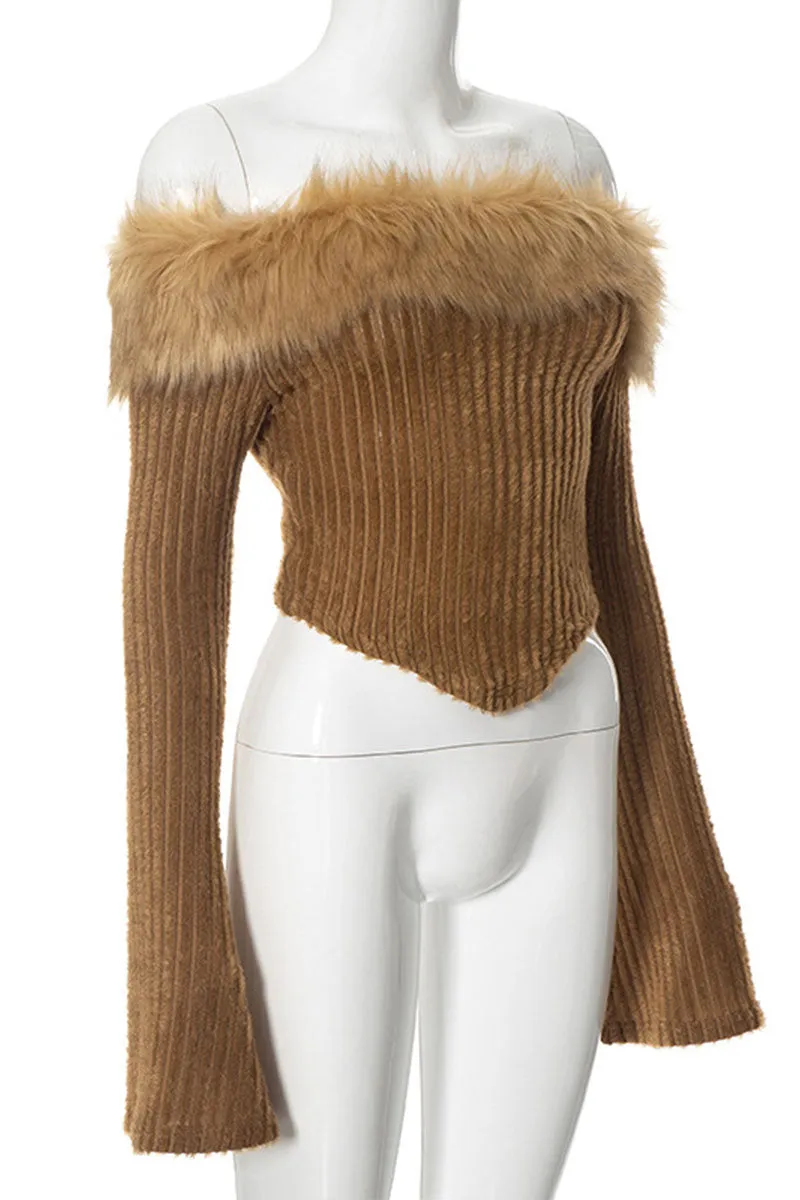 WI0281 Furry Off Shoulder Crop Shirt
