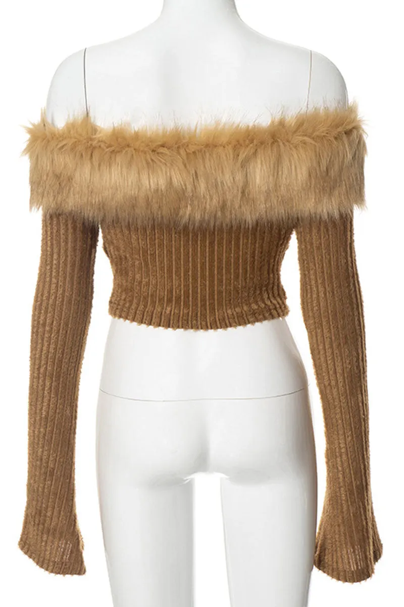 WI0281 Furry Off Shoulder Crop Shirt