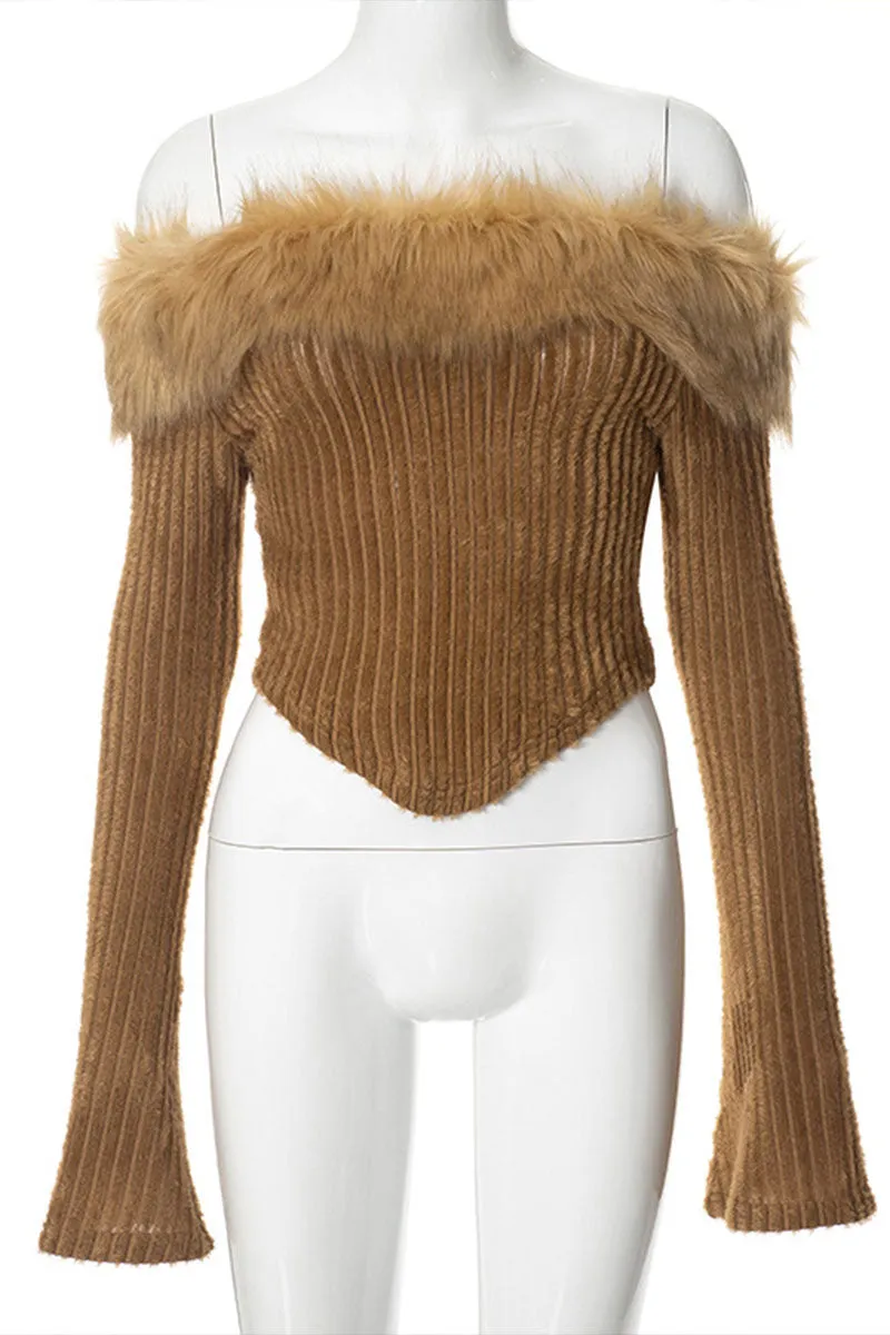 WI0281 Furry Off Shoulder Crop Shirt