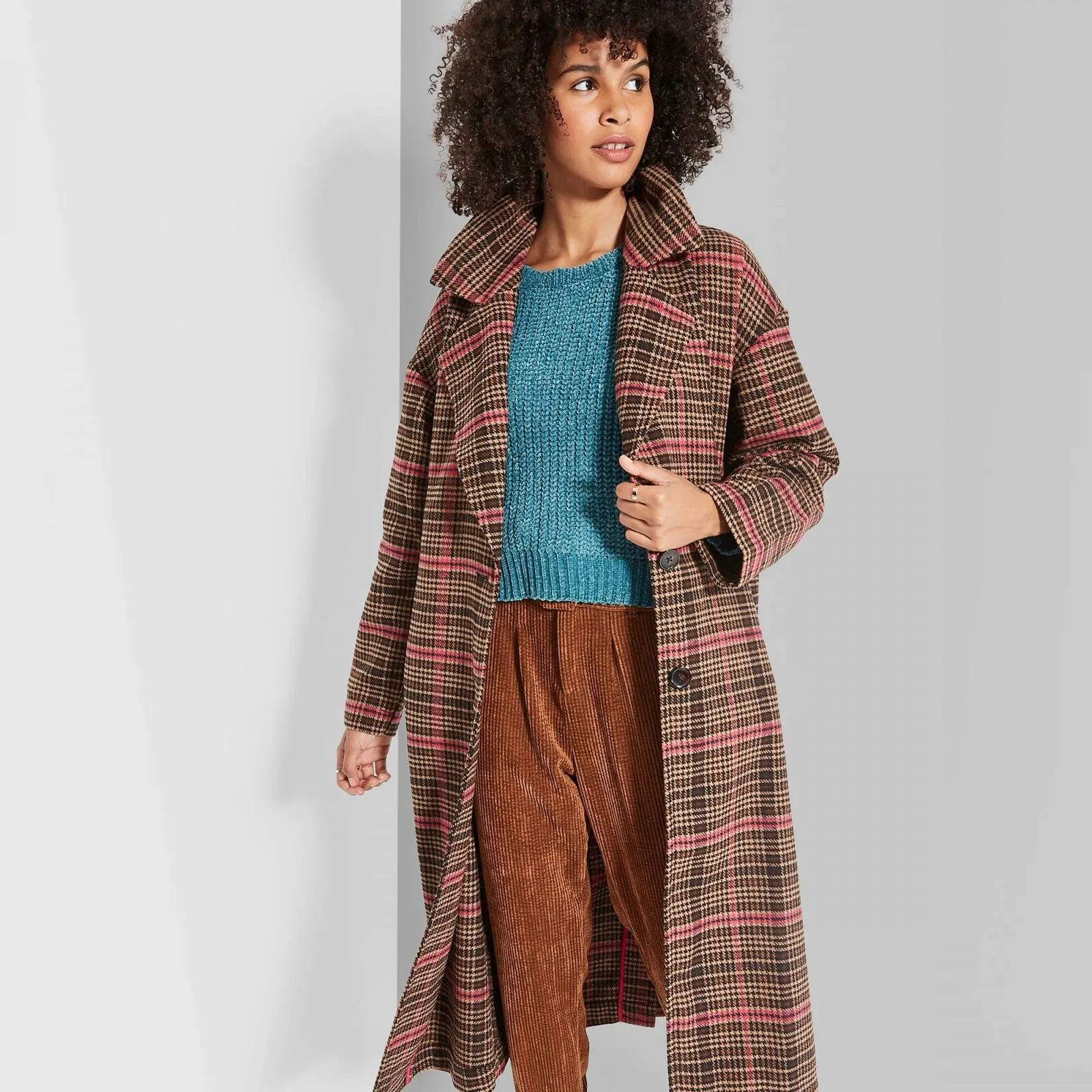 Wild Fable Women's Plaid Long Sleeve Oversized Button-Front Wool Coat