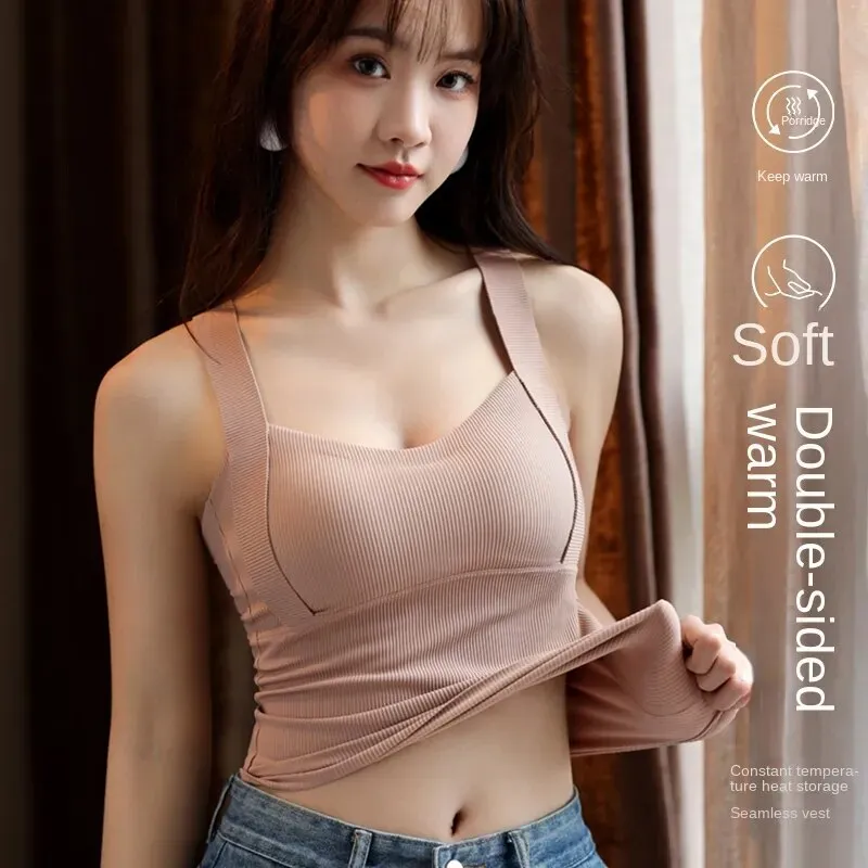Winter Camisole Women's Plus Size Slim Fit Solid Soft Comfortable Bottoming Shirt Sleeveless Thin Top With Cups Lingerie M-XXL