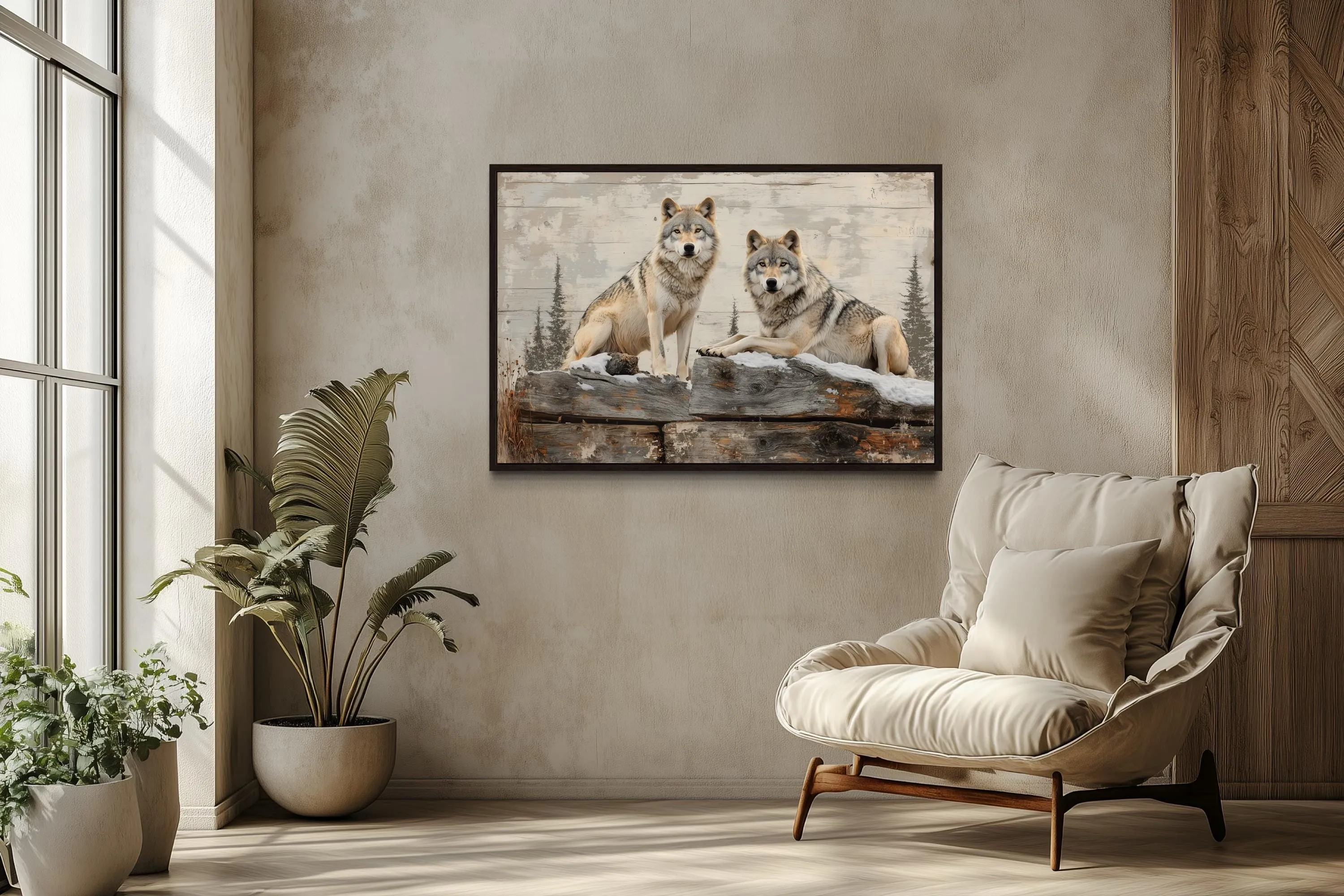 Wolves In The Forest Painting On Wood Rustic Canvas Wall Art