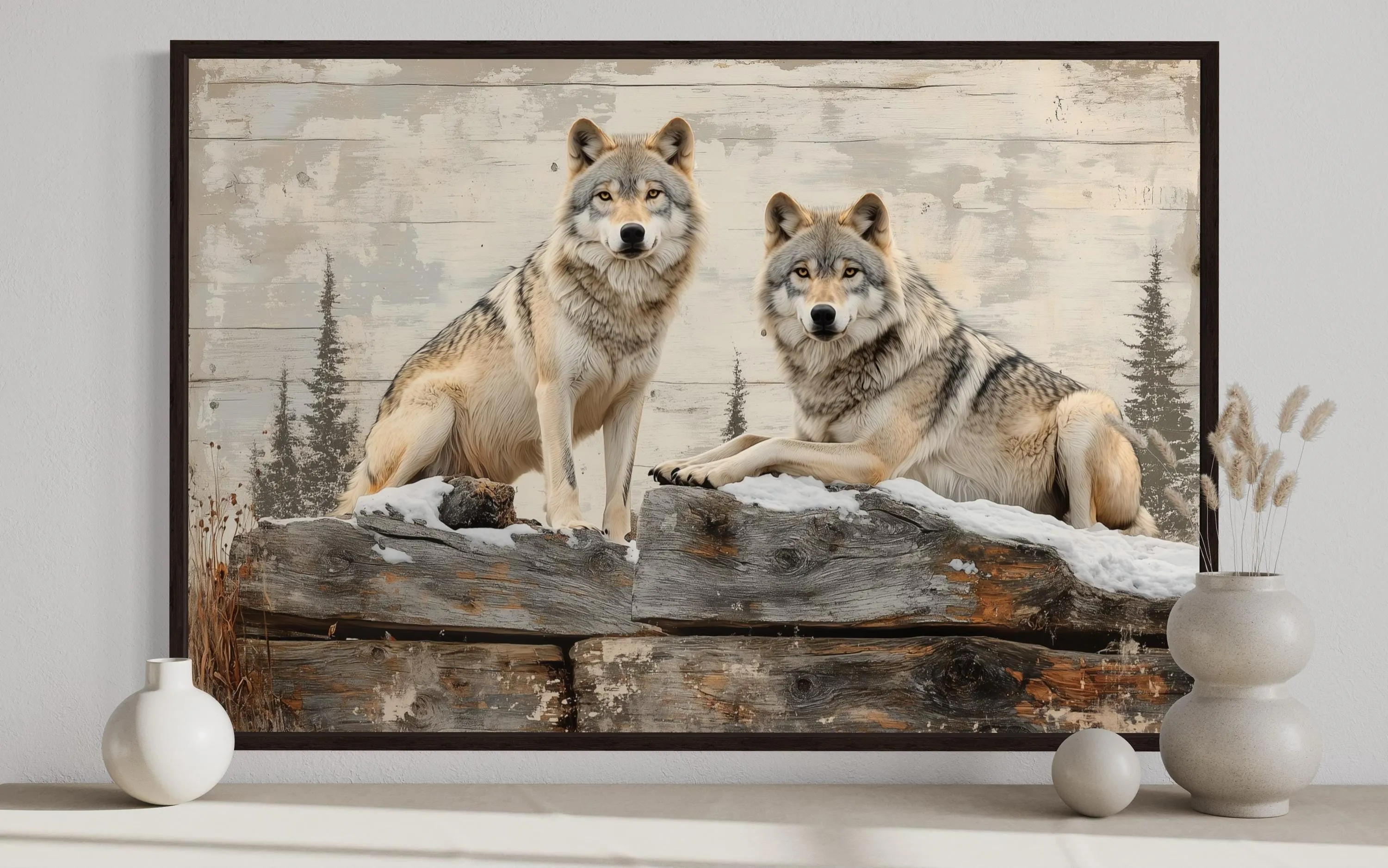 Wolves In The Forest Painting On Wood Rustic Canvas Wall Art