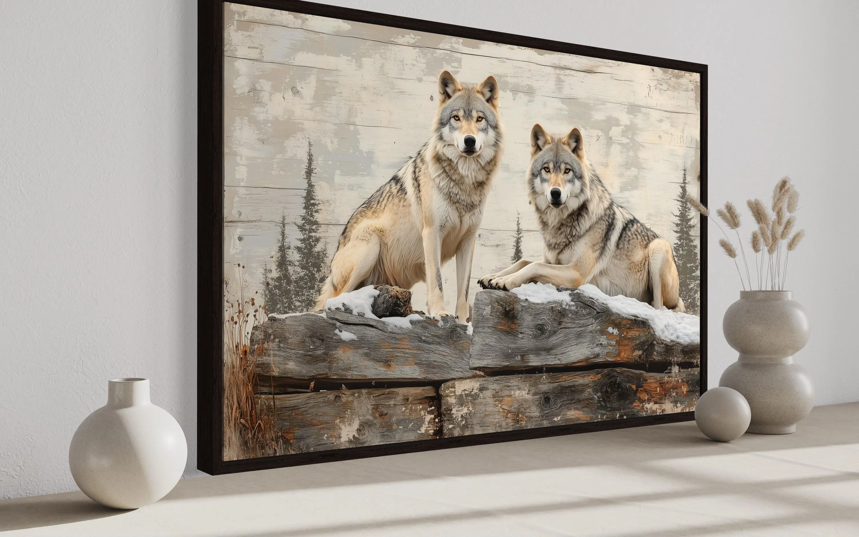 Wolves In The Forest Painting On Wood Rustic Canvas Wall Art
