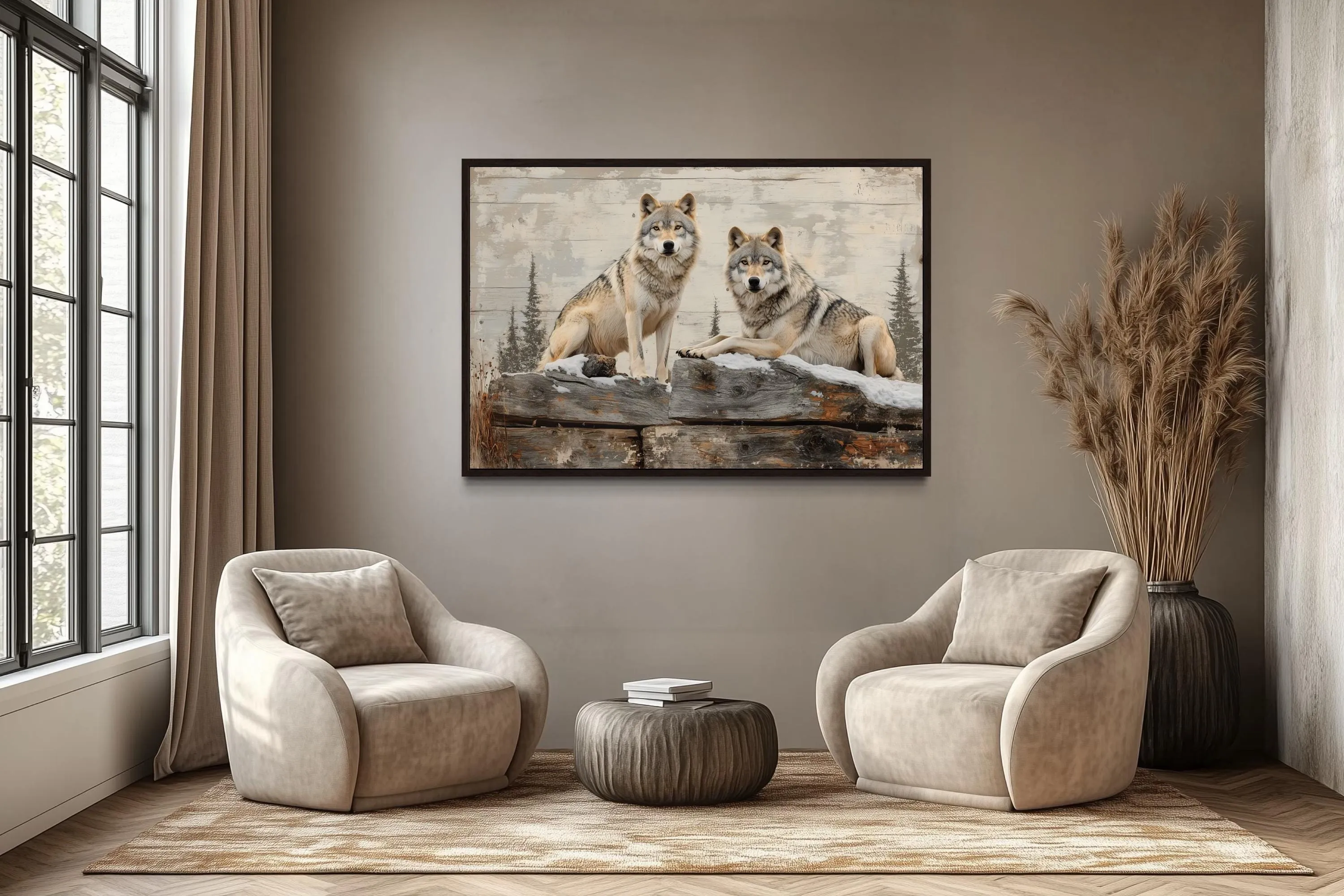 Wolves In The Forest Painting On Wood Rustic Canvas Wall Art