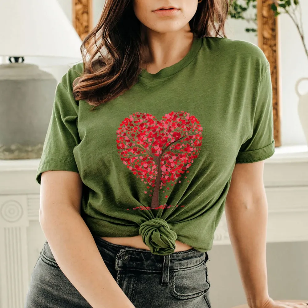 Women Valentine's Day Love Heart Tree Print Graphic T-shirt