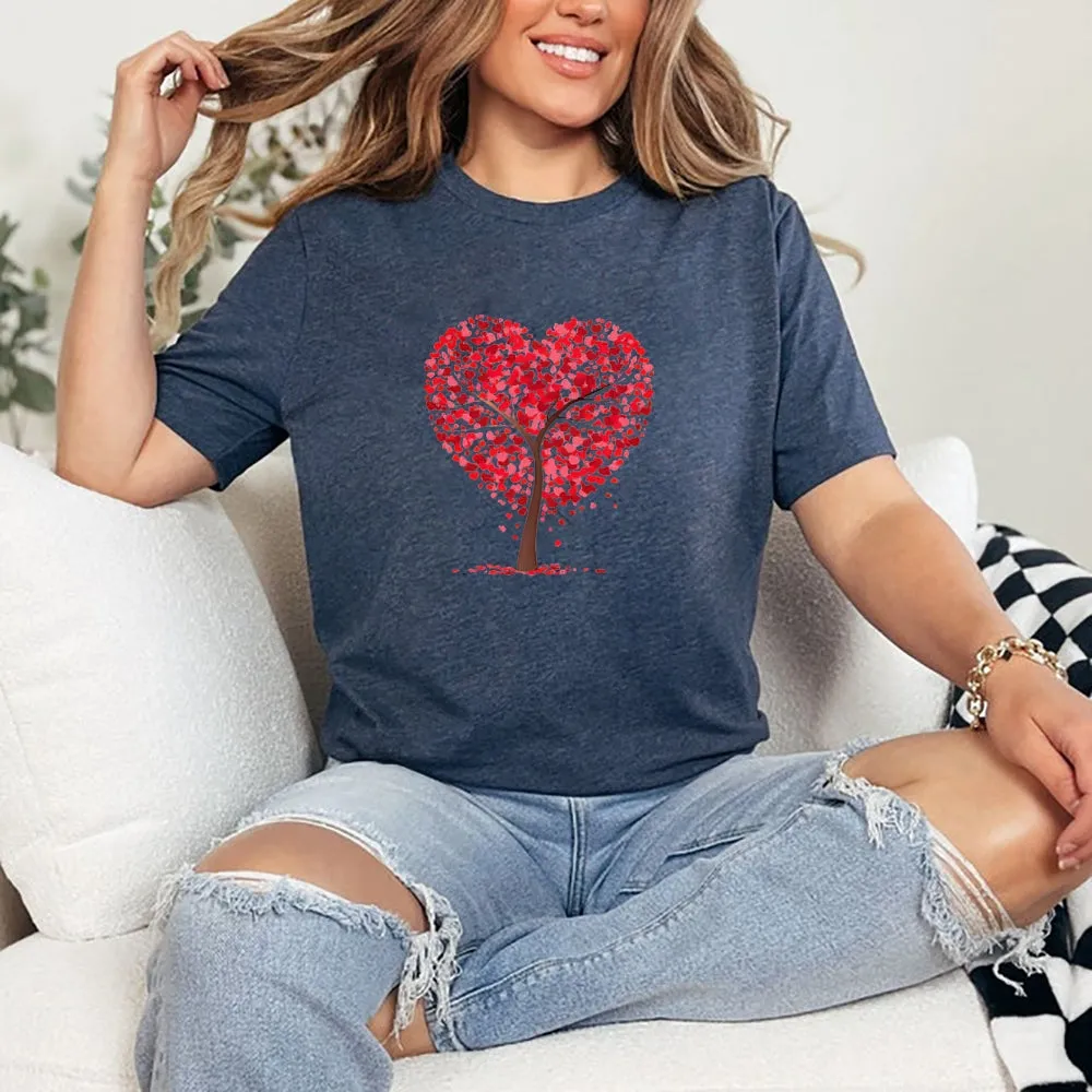 Women Valentine's Day Love Heart Tree Print Graphic T-shirt
